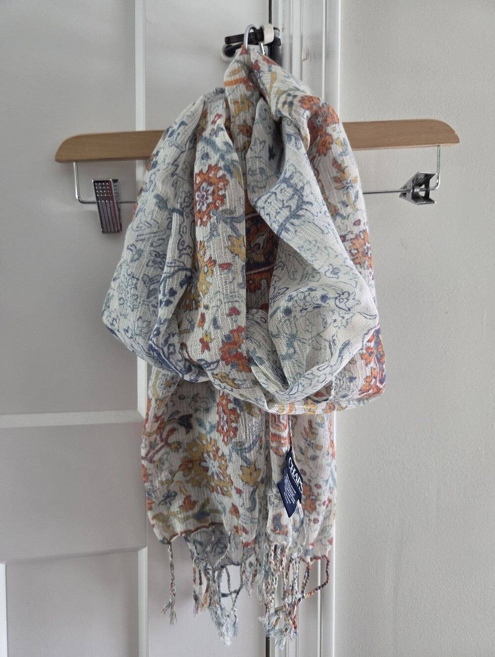 Chaps Woven Fringe Scarf - Cream with Blue & Orange Boho Vibe